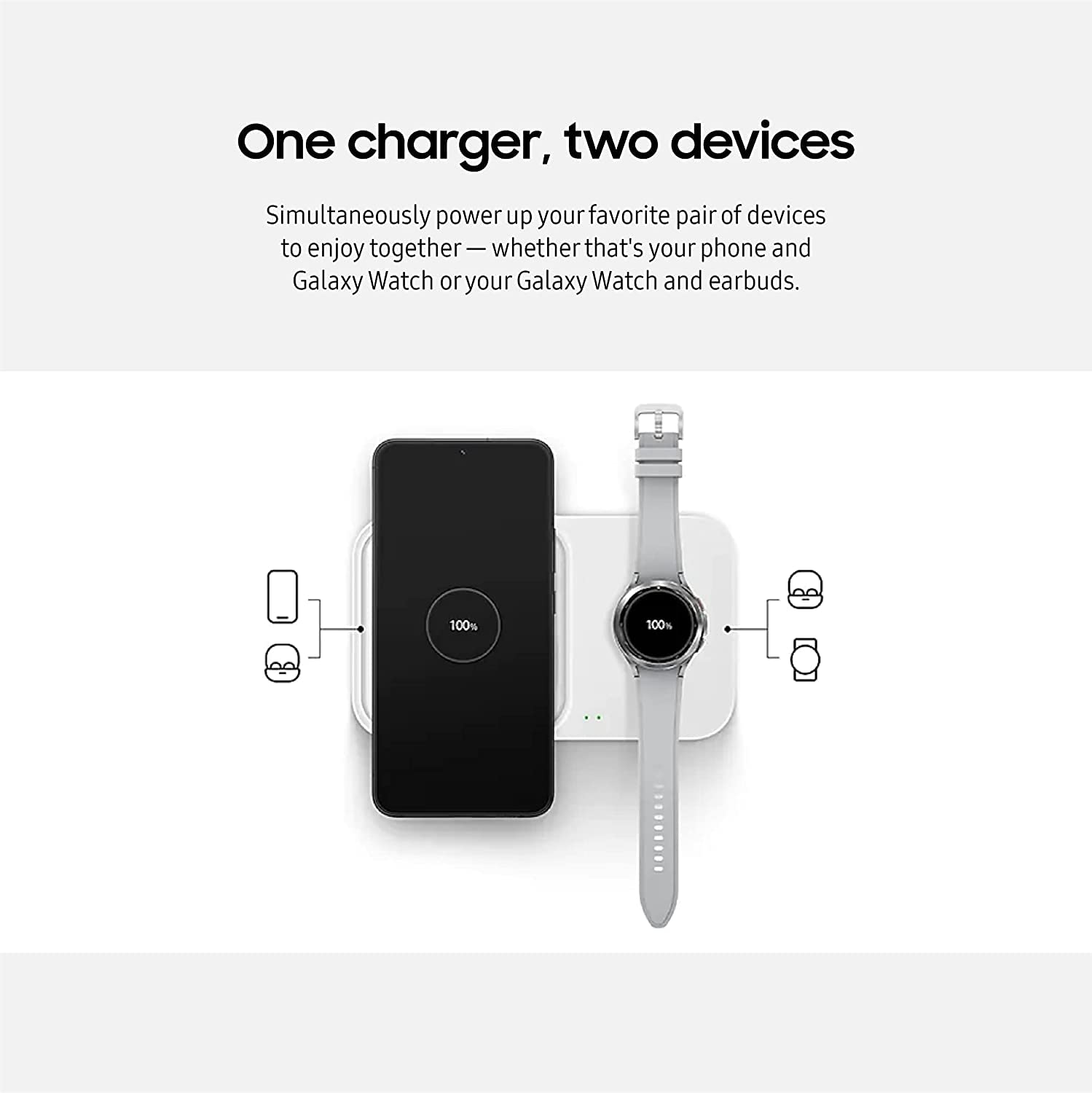 SAMSUNG 15W Wireless Charger Duo w/USB C Cable, Fast Charge 2 Devices at Once, Cordless Charging Pad for Galaxy Phones and Devices, 2022, Includes Microfiber Cleaning Cloth - Black