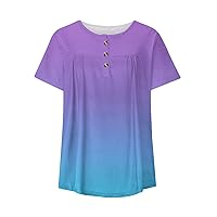 Sexy Tops for Women Plus Size Loose Gradient Shirt Short Sleeve Summer Top Tunic Button V-Neck Blouse Tees