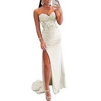 Corset Prom Dress with Embroidery Lace High Slit Ruched Strapless Sexy Formal Party Gowns Fitted Long Homecoming Dress