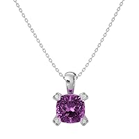 VVS Gems 14k Gold Classic Cushion Cut 3 Carats Created Gemstone Solitaire With VVS Certified 0.02 ct Natural Genuine Diamond Pendant Necklace for Women, Birthstone Jewelry