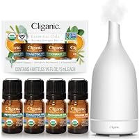 Cliganic Organic Essential Oils Set (Top 4) + White Ceramic Diffuser
