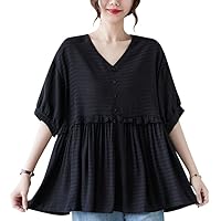 Women's Check Print V Neck Button Down Tops Casual Loose Blouses