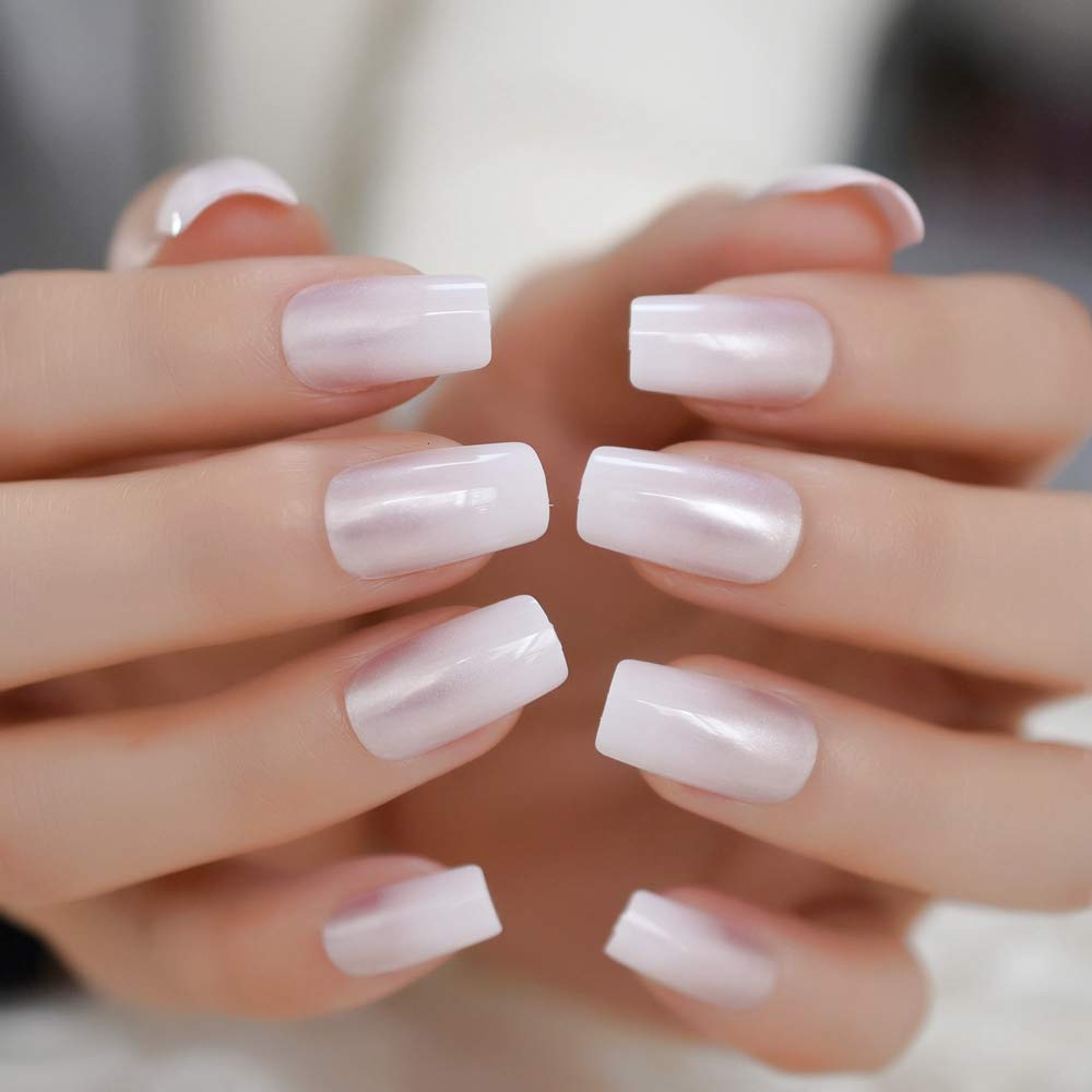 Mua EchiQ Pearl Shine Glossy Fake Nails Shimmer White Square ...