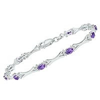 Genuine Gemstone and Natural Diamond Sculpted X Link Birthstone Bracelet in .925 Sterling Silver (Available in Aquamarine, Emerald, Amethyst and More)