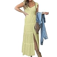Women Solid Color V Neck Sleeveless Dress Elegant High Waist Ruffles Summer Holiday Pleated Split Long Dresses