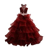 VeraQueen Girl's Halter Beads Layers Pageant Dresses Sleeveless Backless Flower Girls' Dresses Rust Red