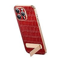 Genuine Leather Case for iPhone 15 Pro Max/15 Pro/15 Crocodile Pattern Phone Case with Stand Premium Business Lens Protection Cover (Red,15)