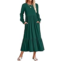 ZESICA Women's 2024 Long Sleeve Dress Crewneck Casual Loose Pleated Tiered Swing Maxi Dresses with Pockets,DarkGreen,X-Large