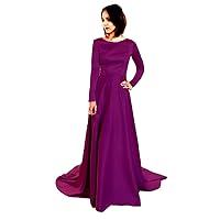 Women's Simple Long Sleeves Satin Prom Dress Round Neck Evening Formal Dress