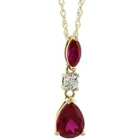 Silver City Jewelry 10k Yellow Gold Created Ruby Drop Necklace Pear and Marquise Shape Diamond Accent, 18 inch long