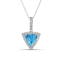 Trillion Cut Blue Topaz & Natural Diamond 1 7/8 ctw Women Halo Pendant Necklace. Included 16 Inches Chain 14K Gold