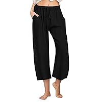 Cropped Linen Pants Women Summer Casual Ankle Wide Leg Pants Drawstring High Waisted Palazzo Beach Pants with Pockets
