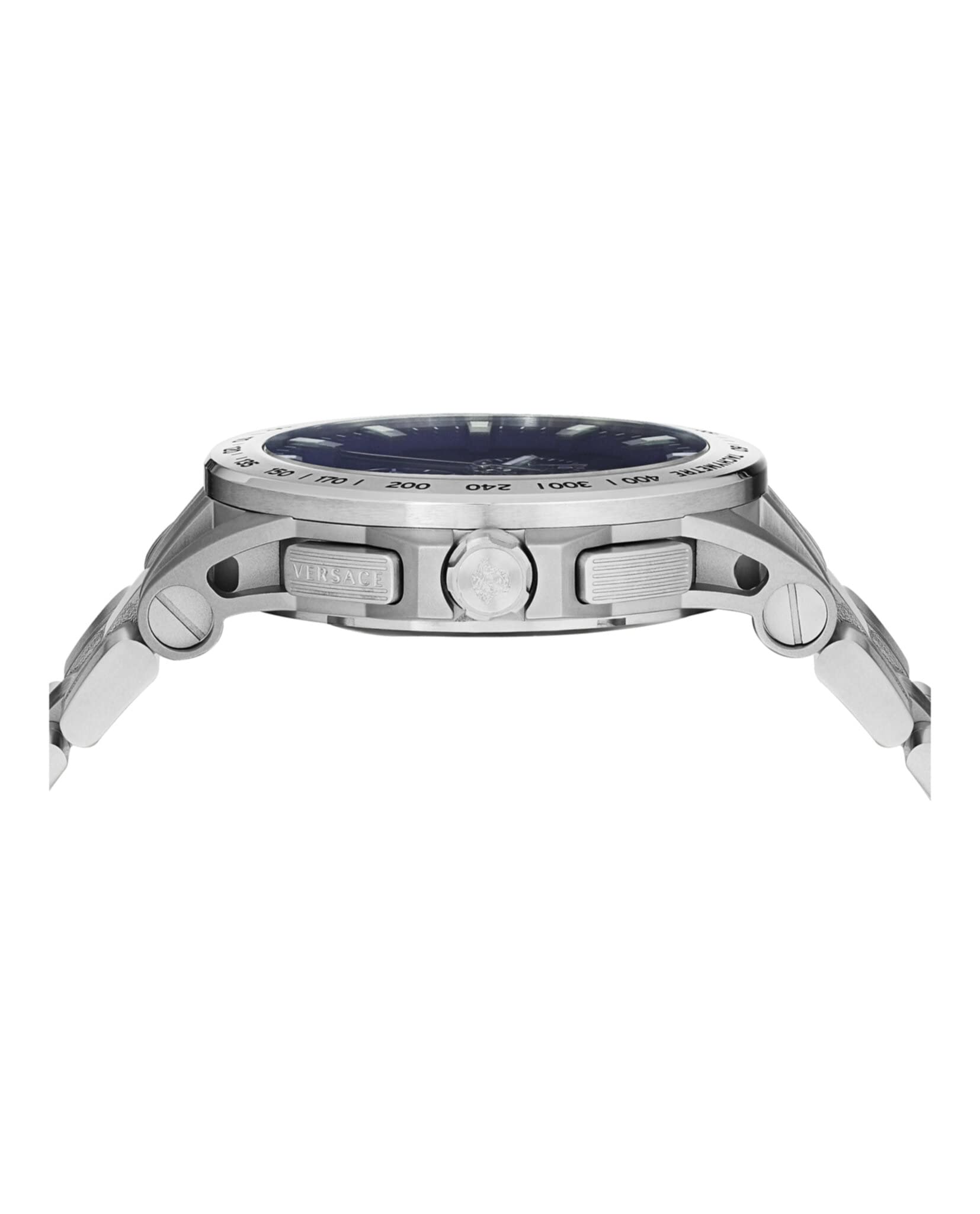 Versace Sport Tech Collection Luxury Mens Watch Timepiece with a Silver Bracelet Featuring a Stainless Steel Case and Blue Dial