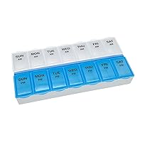 Amazon Basic Care (7-Day) AM/PM Pill Organizer, Vitamin Case, And Medicine Box, Large Compartments, 2 Times a Day, Blue and Clear Lids