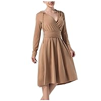 Women's Casual Dress Hooded V Neck Long Sleeves A-line Swing Tunic Dress Knee Length Midi Dress(1-Khaki,8) 1067