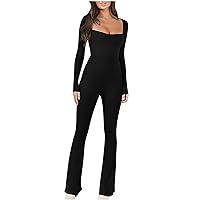 Women's Square Neck Jumpsuit Bodycon Rompers Solid Sexy Long Sleeve Jumpsuits Full Length Casual Unitard Playsuit