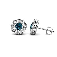Round Blue & Lab Grown Diamond 0.95 ctw Women Milgrain Halo Stud Earrings 14K Gold