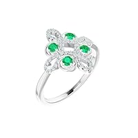 Solid 14k White Gold Created Emerald and 1/6 Cttw Diamond Clover Ring Band (.16 Cttw) (Width = 14.5mm) - Size 5