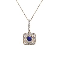 Princess Blue Sapphire & Natural Diamond Double Halo Pendant 0.36 ctw 14K Rose Gold. Included 18 Inches Chain