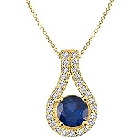 Created Round Cut Blue Sapphire & White Diamond 925 Sterling Silver 14K Gold Over Diamond Halo Pendant Necklace for Women's & Girl's