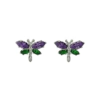 Created Amethyst & Emeralds Dragonfly Earrings 14k White Gold