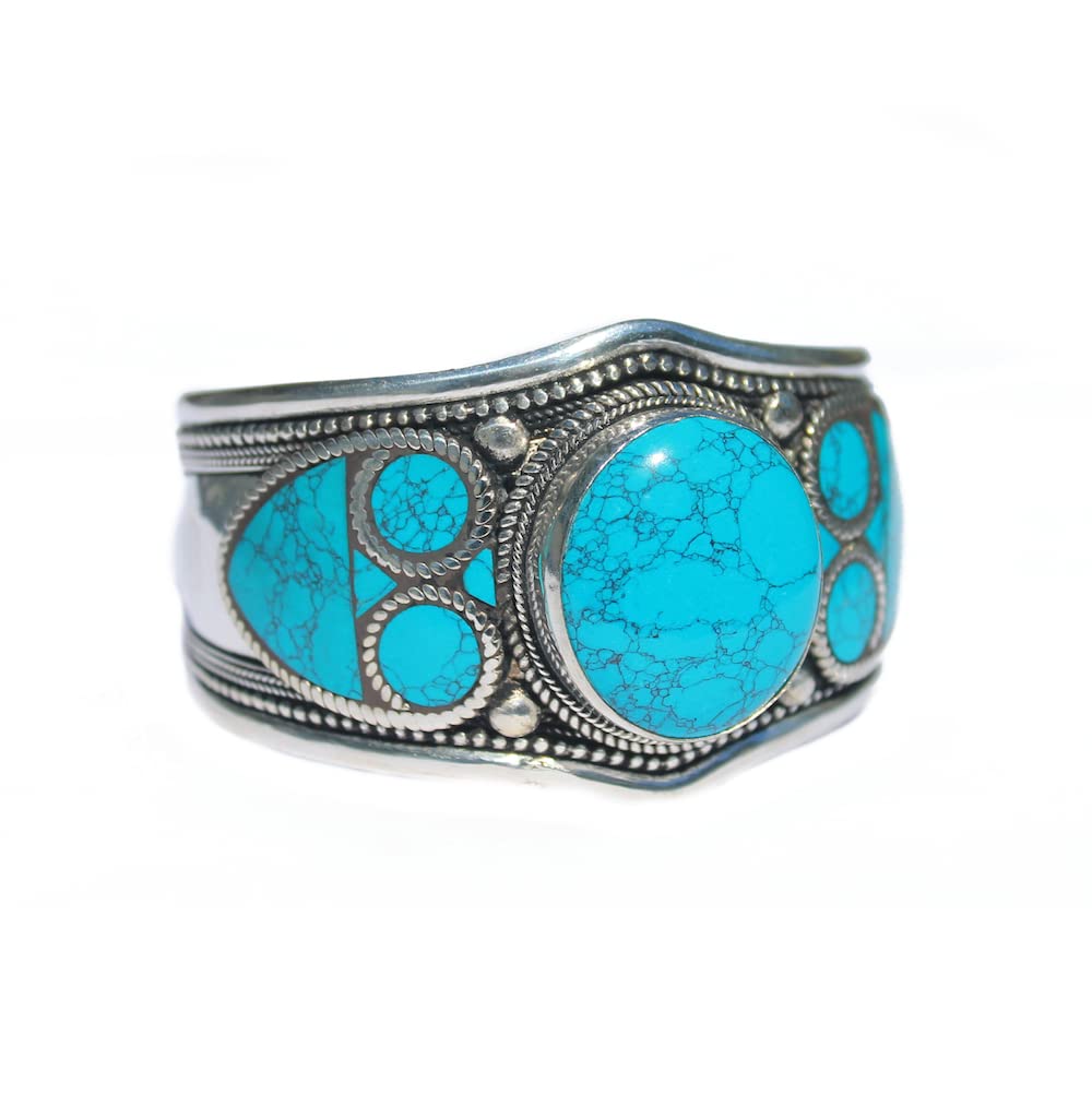 Boho Style Blue Stabilized-Turquoise Ornate Mosaic Adjustable Cuff Bracelet | Stainless Steel Jewelry From Nepal