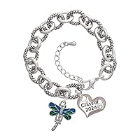 Silvertone Dragonfly with Green & Blue Wings - Class of 2024 Heart Charm Link Bracelet, 7.25+1.25