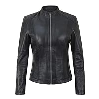 SpazeUp Women's Black Asymmetrical Jacket - Cafe Racer Motorcycle Genuine Leather Jackets for Women