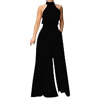 SNKSDGM Women's Casual Plus Size Overalls Jumpsuits Sleeveless Halter Tied One Piece Wide Leg Long Pant Romper with Pockets