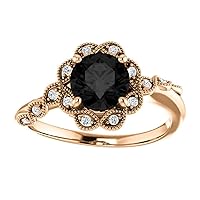 Vintage 1 CT Round Floral Black Diamond Engagement Ring 10K Rose Gold, Antique Flower Natural Black Diamond Ring, Victorian Floral Black Diamond Ring