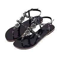 Summer Women Beach Sandals Lady Rhinestones Shoes T-Strap Thong Flip Flops Plus Size Black 12