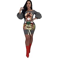 Women's Off Shoulder Ruffles Sleeve Big Face Printed Lace Up Bodycon Sexy Party Clubwear Dress