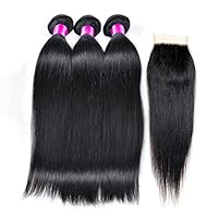Malaysian Virgin Remy Human hair, Silky Straight Weave, Pack of Three with Free Part Closure,100g/Bundle,7A Natural Color Weft(14 16 18 with 12 Inch)