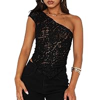 Women One Shoulder Lace Top Irregular Hem Backless Crop Tops See Through Sheer Tank Tops Going Out Clubwear