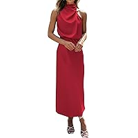 BTFBM Women's Sleeveless Cocktail Dresses Mock Neck Keyhole Elastic High Waist Wedding Guest Evening Party Maxi Dress