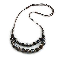 Layered Graduated Dark Blue/Brown/White Ceramic Bead Brown Silk Cord Necklace - 60-70cm L/Adjustable
