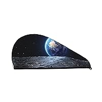 Outer Space Printed Hair Drying Towel Quick Dry Absorbent Coral Velvet Dry Hair Cap with Button Fixed for Drying Long Thick Hair