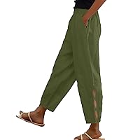Summer Pants for Women 2024 Plus Size Linen Casual High Waist Trousers Hollow Out Sweatpants with Pockets