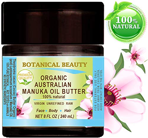 MANUKA OIL BUTTER Australian RAW VIRGIN UNREFINED for Face, Body, Hair. Dry Skin, Cracked Hands, Rosacea, Eczema, Psoriasis Rashes, Itchiness, Redness, Anti Aging with Cocoa ( Cacao) Butter and Manuka Honey Essential Oil 8 Fl. oz. - 240 ml by Botanical Be
