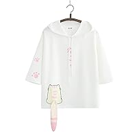 Kawaii Hoodie for Womens - Japanese Summer New Cute Cat Tail Female Short Sleeve Hoodie Pullover T-Shirt Female Top (Color : White, Size : One Size)