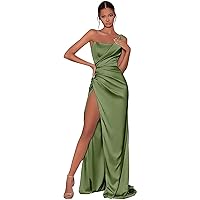 Women One Shoulder Pleated Bridesmaid Dress for Wedding Guest Slit Sleeveless Prom Formal Evening Cocktail Gowns