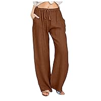 Womens High Waist Linen Pants Straight Leg Casual Loose Trousers 2024 Summer Beach Wear Drawstring Cotton Linen Pants