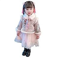 Chinese Style Girls' New Year Clothes,Embroidered Cheongsam Dress Two-Piece Sets,Long-Sleeved Mesh Puffy Dresses.(Pink,Small(9-16M))