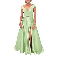 A-Line Elegant Prom Formal Evening Dress Off Shoulder Short Sleeve Satin Split Front Valentine's Day Dress 2023
