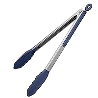 600ºF Heat Resistant Kitchen Tongs: U-Taste 12 inch Large Silicone Cooking Tong with Non Stick Rubber Tips & Silicon Coated 18/8 Stainless Steel Handle & Smooth Lock for Serving Grill (Midnight Blue)