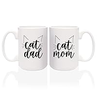 Cat Dad Cat Mom Matching Mugs / 2 Jumbo 15 Ounce White Ceramic Mugs/Funny Coffee Cup Set For Feline Pet Lovers