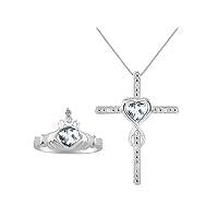 Rylos Matching Jewelry Sterling Silver Claddagh Ring & Cross Necklace. Heart Gemstone & Diamonds, 6MM Birthstone; Sizes 5-10.