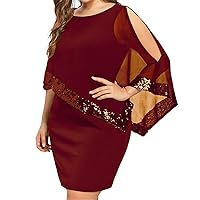 NeeMee Plus Size Cape Dress for Women Glitter Sequin Pencil Dress with Chiffon Overlay Wedding Cocktail Party Midi Dress