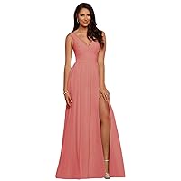 V Neck Bridesmaid Dresses Long Split Chiffon Pleated Wedding Evening Prom Gown for Women Coral Size 16