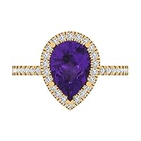 Clara Pucci 2.42ct Pear Cut Solitaire with Accent Halo Natural Amethyst gemstone designer Modern Statement Ring Solid 14k Yellow Gold